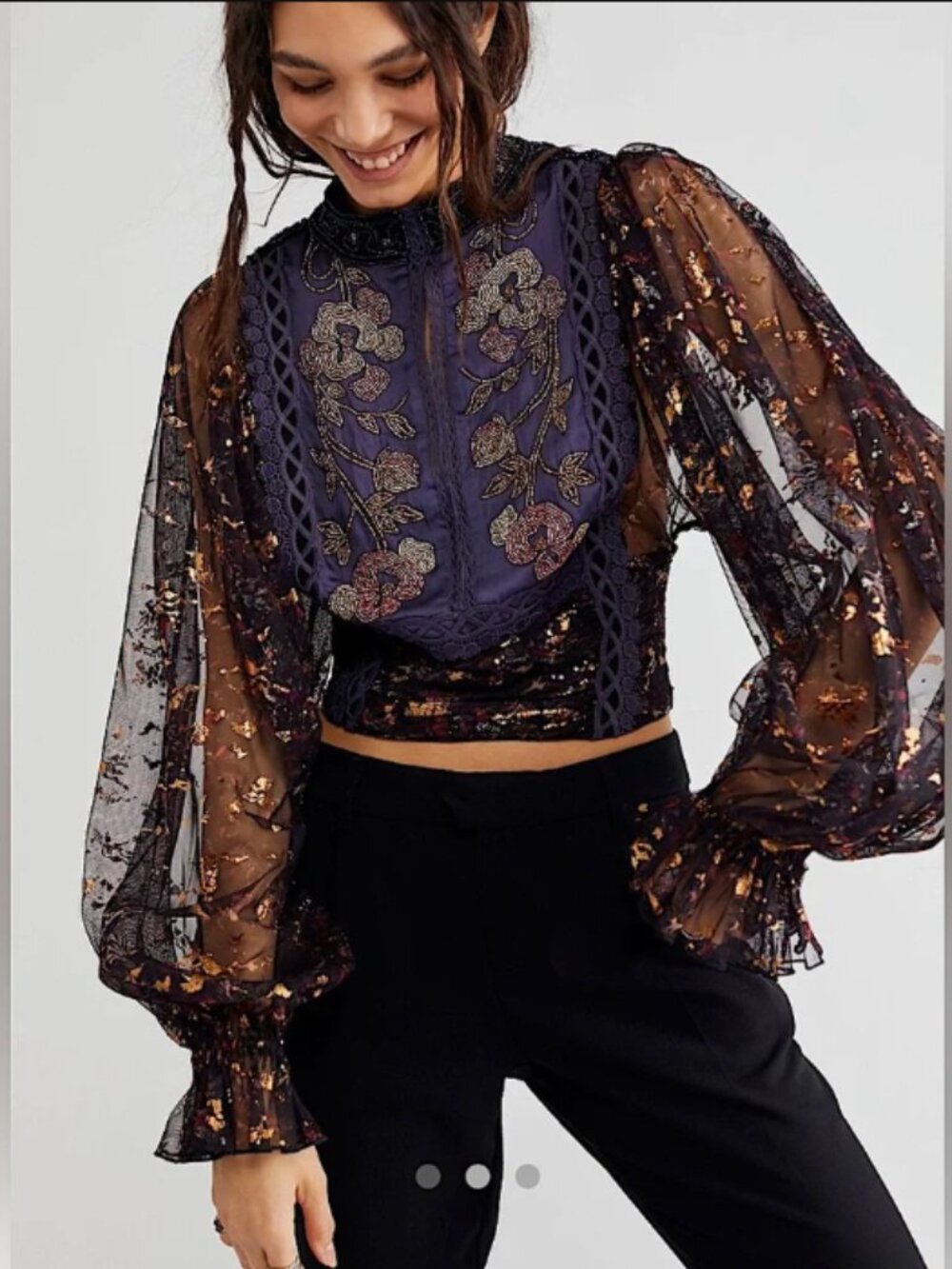 Free People Camille Beaded Crochet Mesh Metallic Cropped Top Boho Maximalist